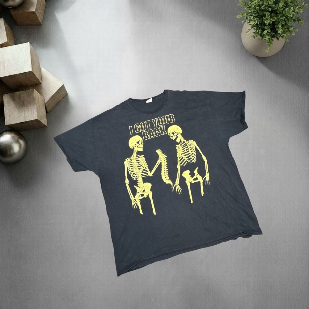Vintage 2000s I Got Your Back Skeleton Graphic T-Shirt Faded Black Boxy Fit L/XL
